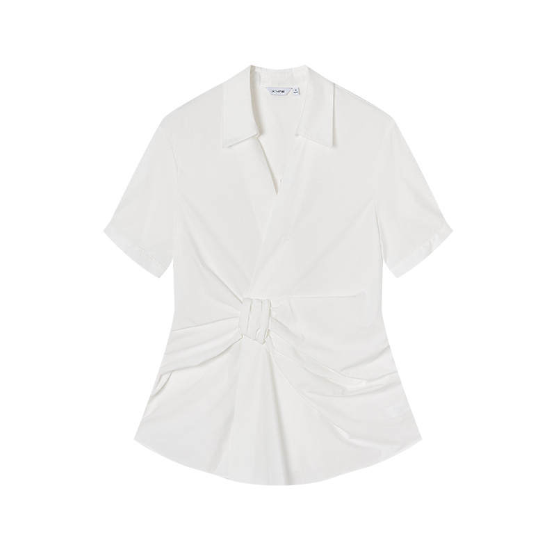 XIANGYING Shirts Women's White V Neck Moderate Nipped In Waist
