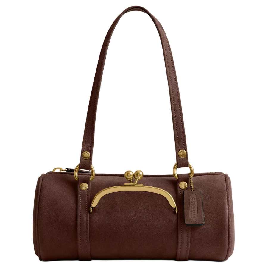 COACH KisslockBarrel Cow Split Leather Cylinder Bag Handbag, Shoulder Bag Large Women's Brass & Black & Chocolate