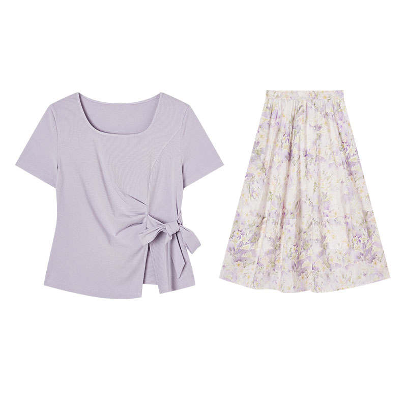XIANGYING Two Piece Skirt Sets Women's Purple Square Collar Moderate Mid Length