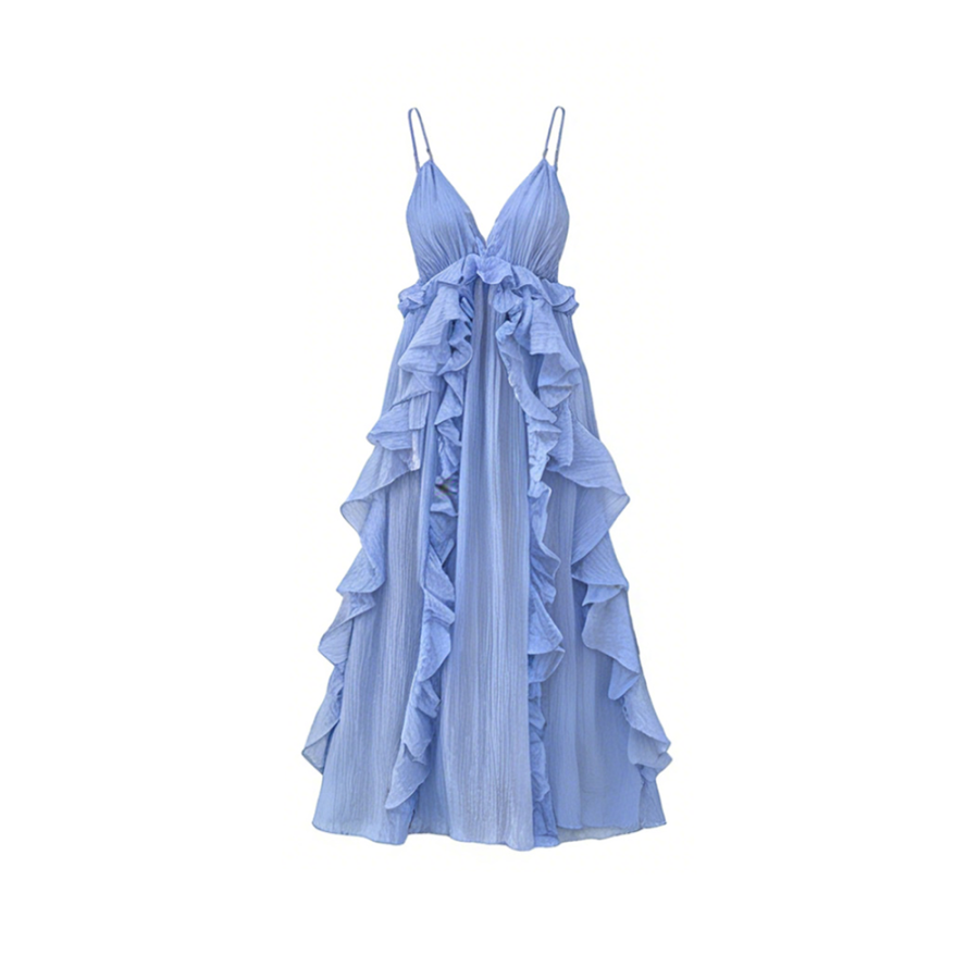 TUSHIFEI Slip Dresses Women's Blue V Neck Thin Long
