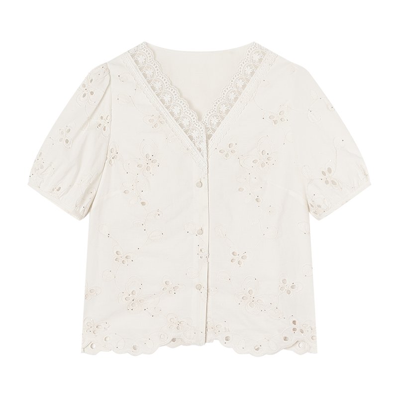 XIANGYING Shirts Women's Heron White V Neck Moderate Shirt