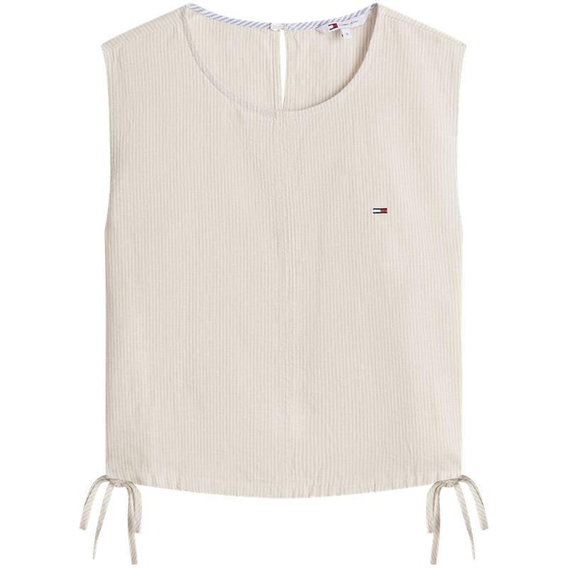 Tommy Hilfiger T Shirts Women's Khaki White Stripes 0AA Crew Neck Moderate Other