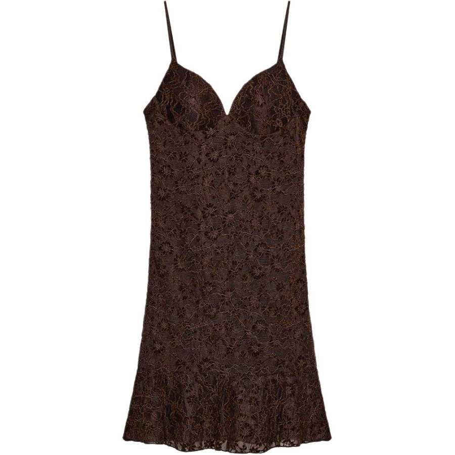 ZARA Slip Dresses Women's Dark Brown V Neck Moderate Mid Length