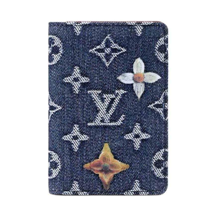 LOUIS VUITTON Pocket Organizer Monogram Floral Denim Wallet Card Holder Men's Blue