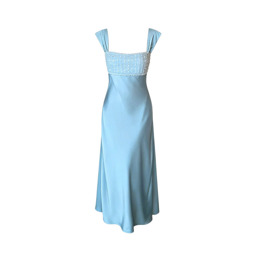 TUSHIFEI Slip Dresses Women's Iridescent Blue Square Collar Thin Long