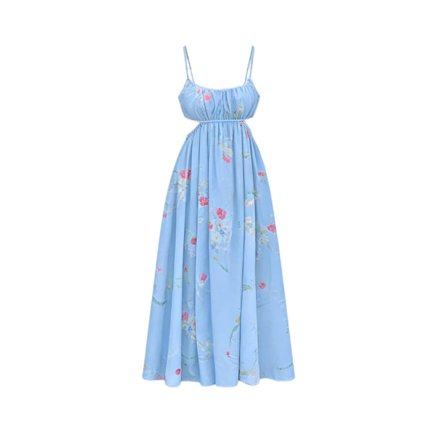 TUSHIFEI Slip Dresses Women's Blue Square Collar Thin Long