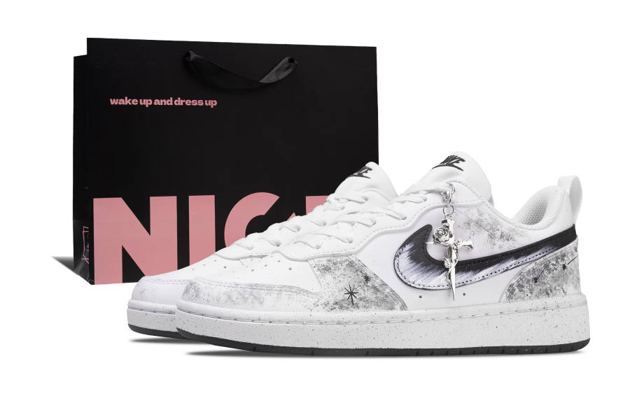 Nike Nike Court Borough Special Shopping Bag, Ink Trail Starry Path Low top Skateboard Shoes Gray White Teenagers