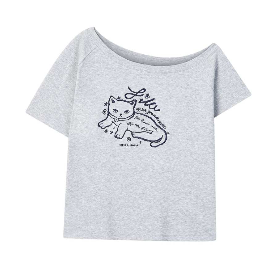 FILA ORIGINALE T Shirts Women's Heather White Gray Asymmetrical Collar Moderate