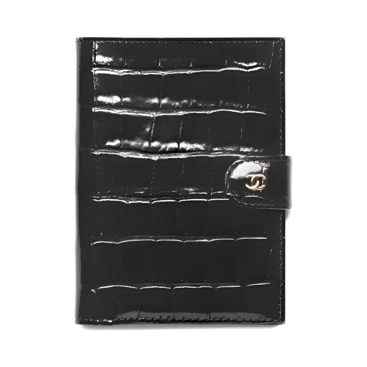 CHANEL Crocodile Embossed Calfskin & Gold Metal Passport Holder Women's Black