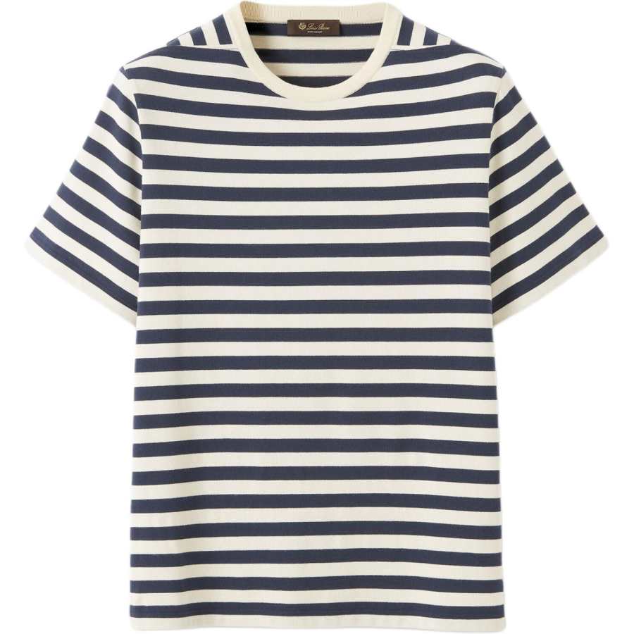 Loro Piana T Shirts Men's Marine Blue Cream Crew Neck Moderate Straight Fit