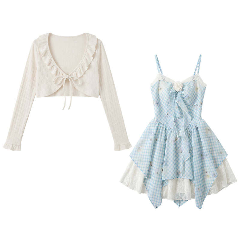FABRIC PIG Two Piece Skirt Sets Women's Cardigan+Slip Dress V Neck Moderate