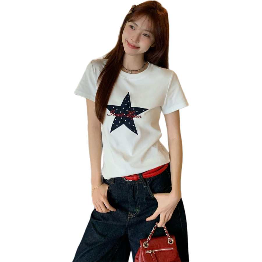 VENICEW T Shirts Women's White Crew Neck Thin Straight Fit