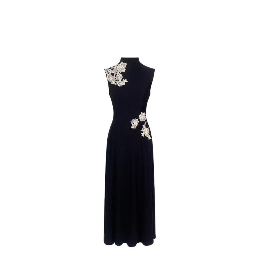 CPAURA Slip Dresses Women's Black Stand Collar Moderate Long