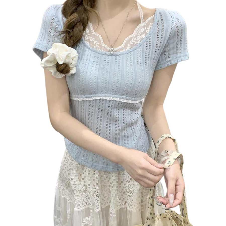 VENICEW T Shirts Women's Blue Square Collar Thin Mock Two Piece