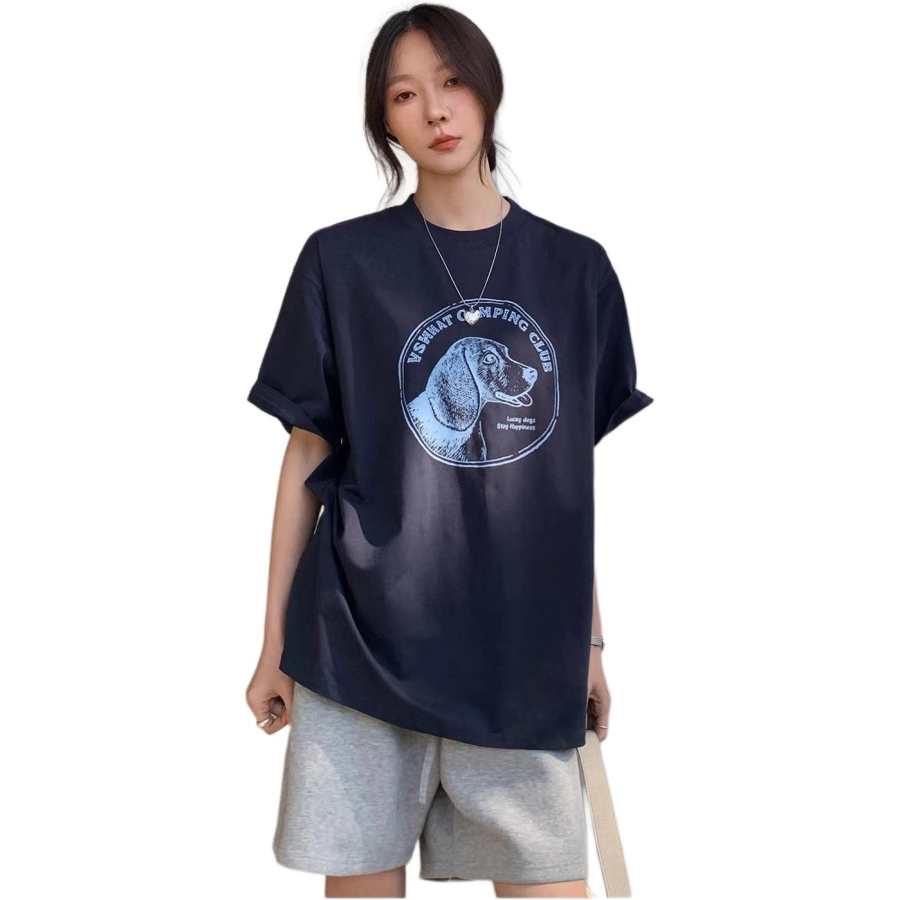 VENICEW T Shirts Women's Navy Blue Crew Neck Thin Straight Fit