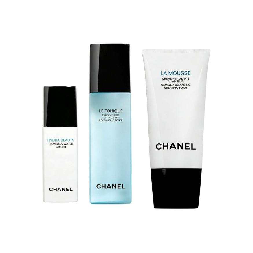 CHANEL Camellia Cleansing Milk+Water+Lotion Classic Three Piece Skincare Set, Cleanser, Toner, And Moisturizer Basic