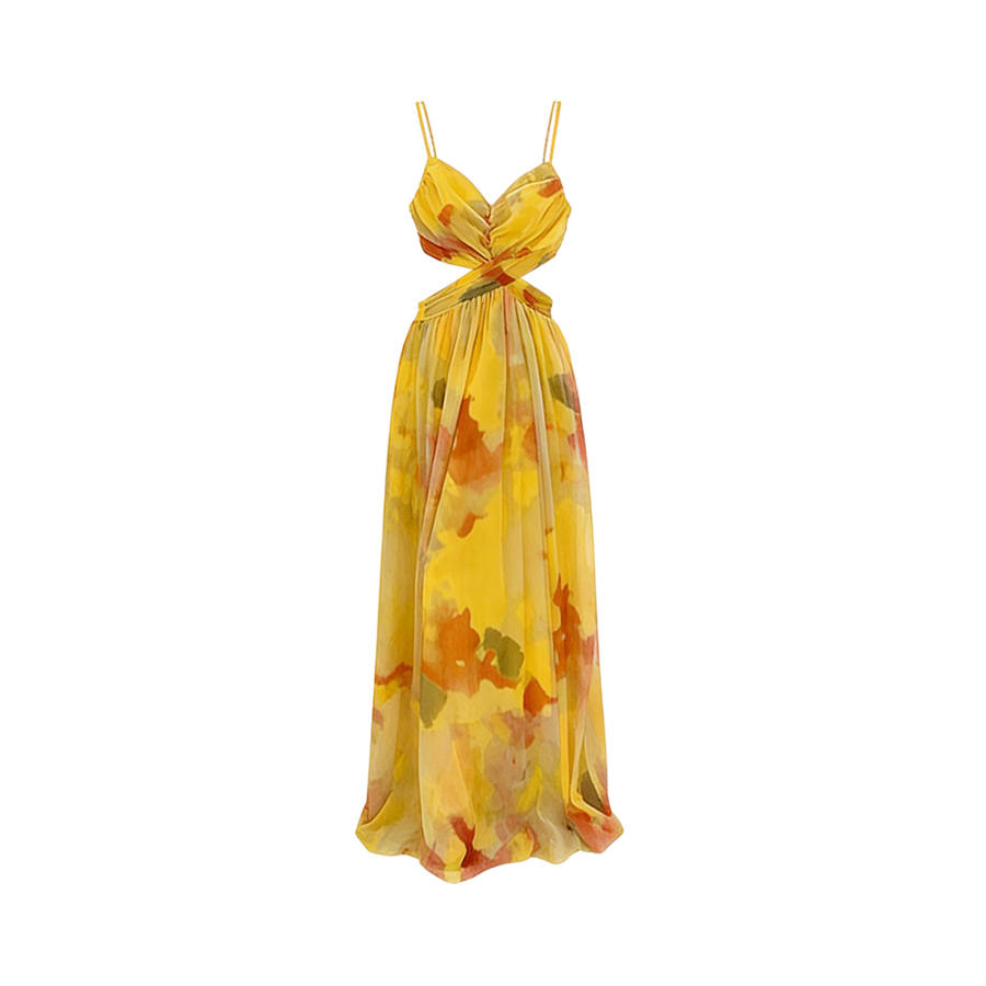 TUSHIFEI Slip Dresses Women's Yellow Print V Neck Thin Long
