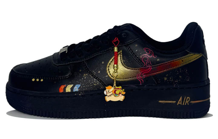 Nike Nike Air Force 1 Leather Abrasion Resistant Low top Skateboard Shoes Men's Black Gold
