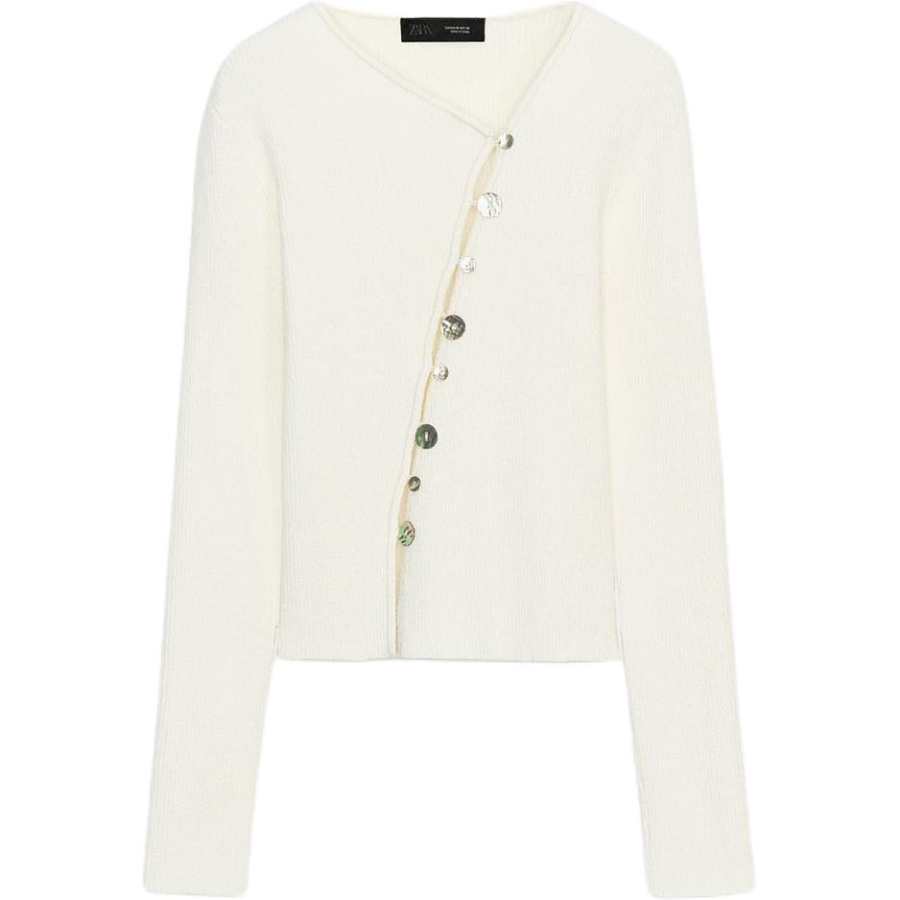 ZARA Knitwear Women's Beige White Yellow Asymmetrical Collar Moderate