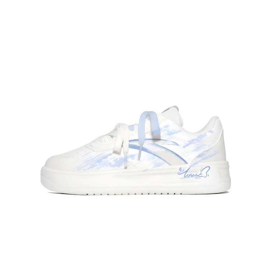 Anta Easy Blue Butterfly English Synthetic Leather Cushioning Slip Resistant Low top Skateboard Shoes Unisex White
