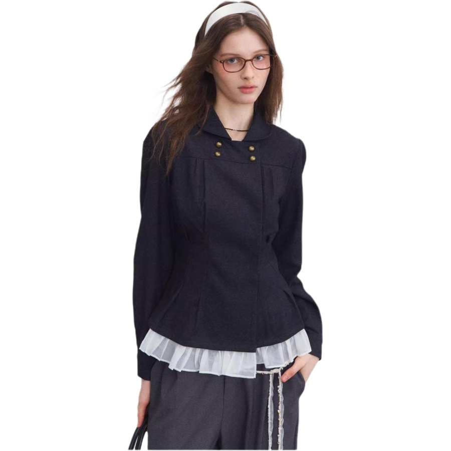VENICEW Shirts Women's Dark Navy Blue Stand Collar Moderate Mock Two Piece