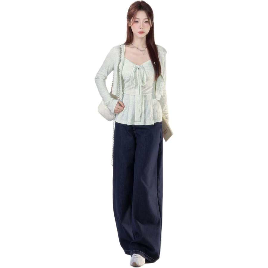 Cotton Gene Knitwear Women's Green Cardigan Camisole V Neck Thin Two Piece Set