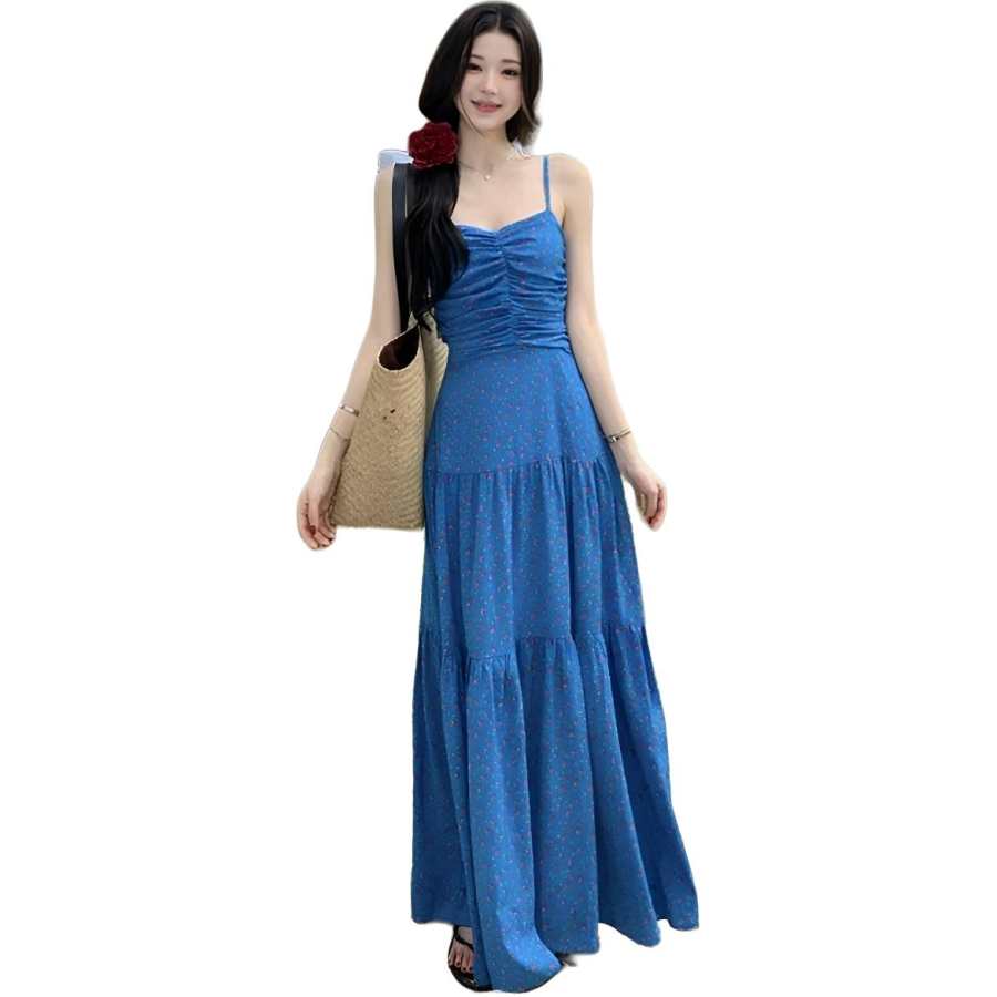 Cotton Gene Slip Dresses Women's Blue V Neck Moderate Long