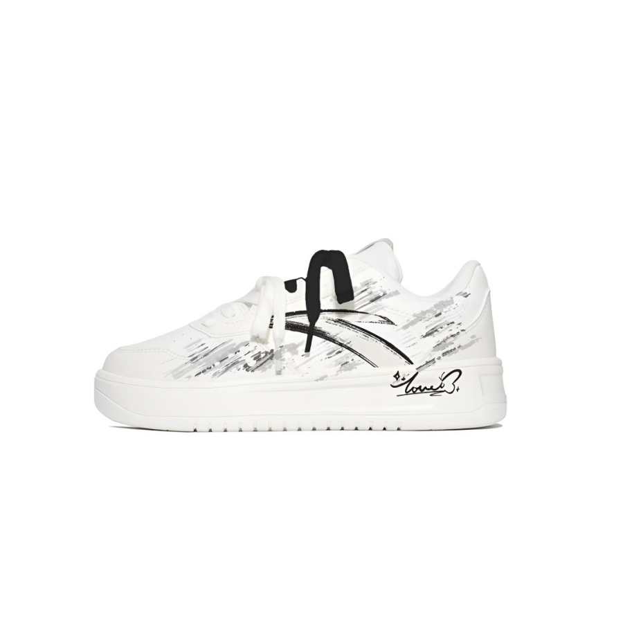 Anta Easy Black Butterfly English Synthetic Leather Cushioning Slip Resistant Low top Skateboard Shoes Unisex White