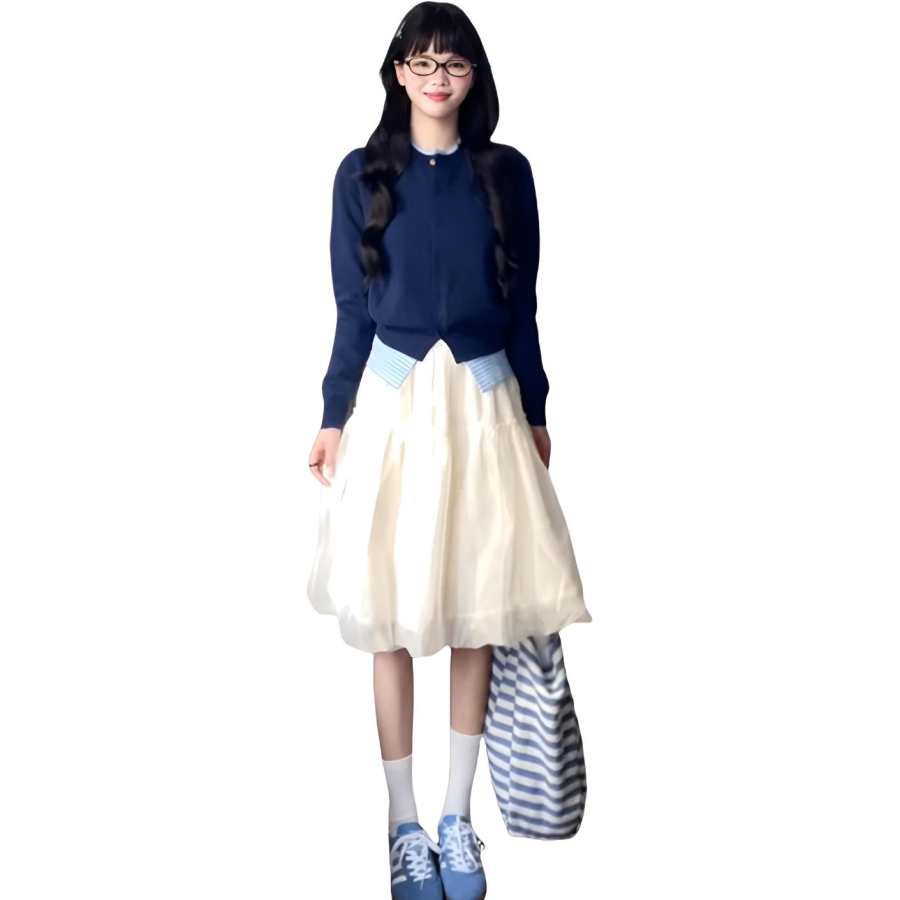 Cotton Gene Two Piece Skirt Sets Women's Crew Neck Thin Mid Length