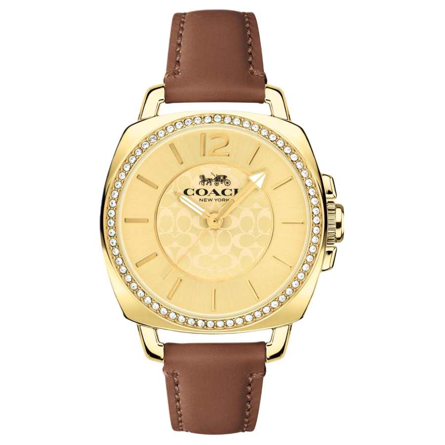 COACH Wrist Watches Quartz Movement Calfskin Strap 34mm Gold Dial Women's Watch 30m Water Resistant