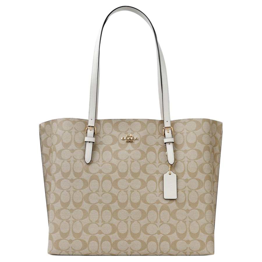 COACH Mollie Coated Canvas And Smooth Leather Tote Bag, Shopping Bag, Handbag, Shoulder Bag 34 Women's White & Khaki