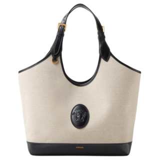 VERSACE Linen Handbag Large Women's Beige & Black