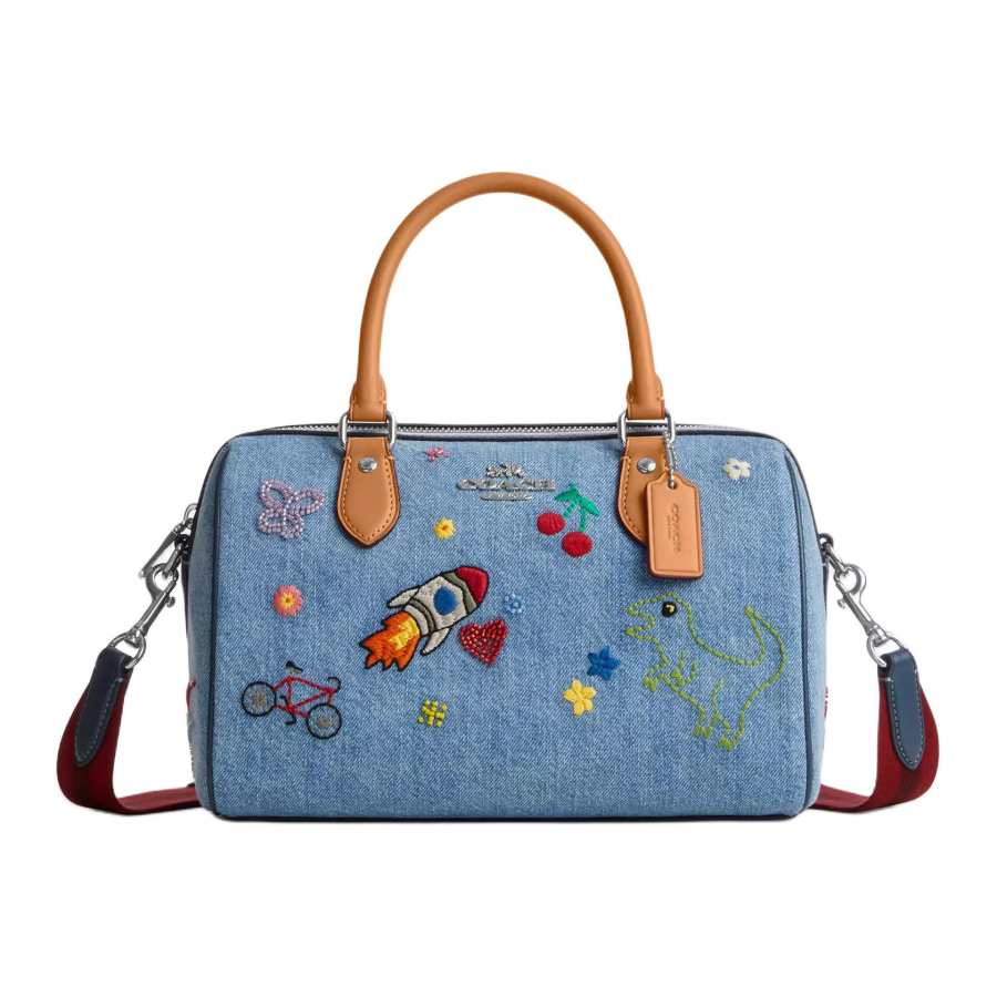 COACH RowanSATCHEL Denim With Vachetta Leather Handbag Medium Women's Blue