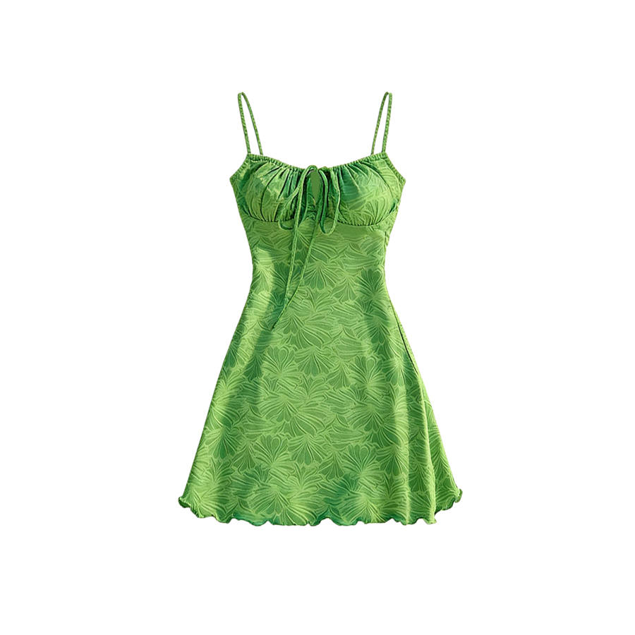 TUSHIFEI Slip Dresses Women's Green Square Collar Thin Short