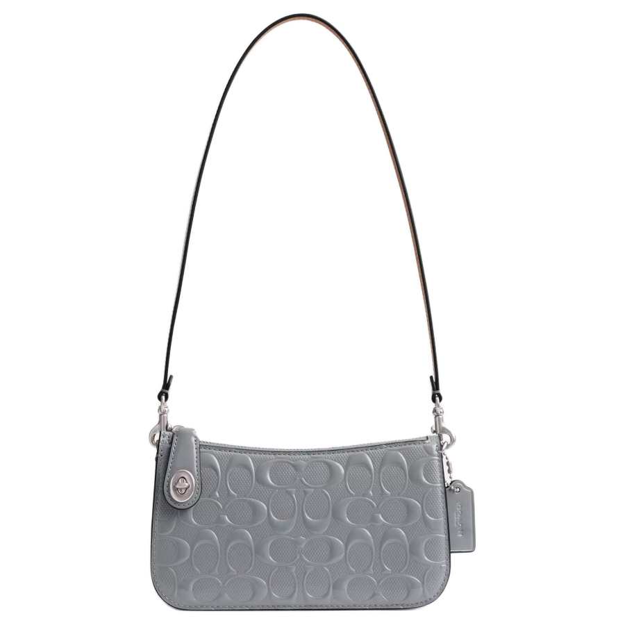 COACH Penn Cow Leather Shoulder Bag, Handbag, Shoulder Bag Small Women's Gray Blue