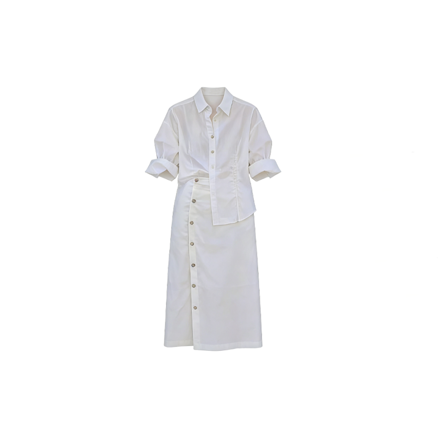 CPAURA Two Piece Skirt Sets Women's Shirt Collar Moderate Long
