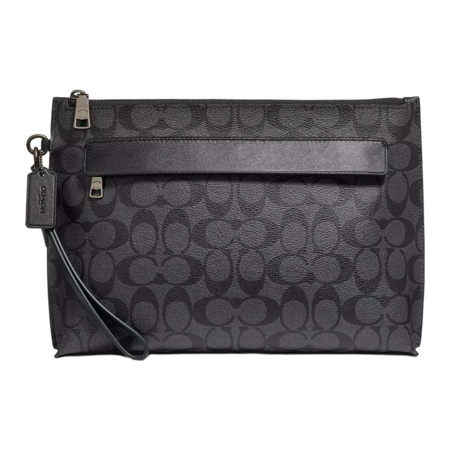 COACH COACH Pouch Coated Canvas With Leather Clutch Large Men's Black