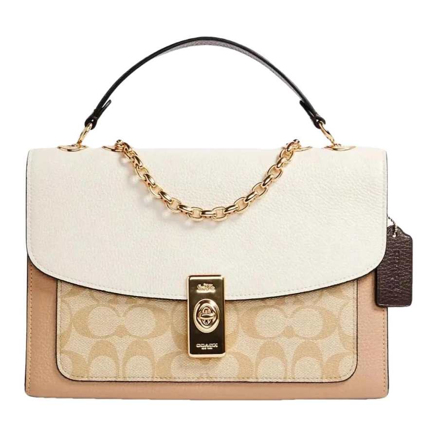 COACH Lane Canvas With Leather Flap Bag, Chain Bag, Crossbody Bag, Shoulder Bag Medium Women's White & Light Khaki