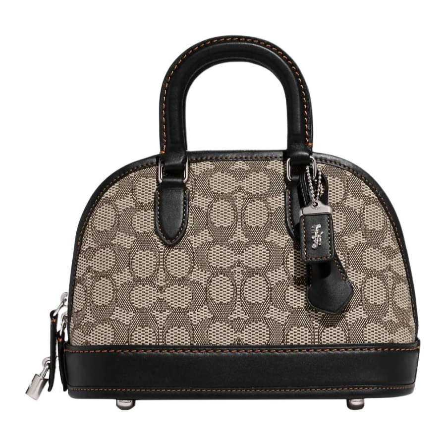 COACH Revel Jacquard Fabric With Glove Tanned Leather Shoulder Bag, Crossbody Bag, Handbag Medium Women's Taupe & Black