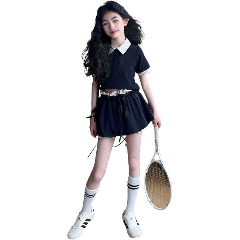 PLANDOO Grade School Two Piece Skirt Sets Polo Collar Thin Short