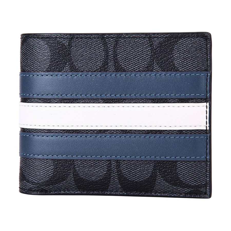 COACH 3 IN 1 Wallet Canvas With Leather 3 in 1 Wallet Men's Old Fashioned Black/Blue White Stripes