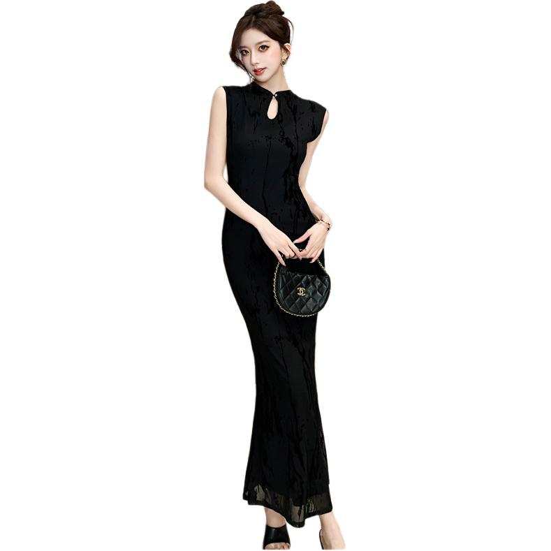 VENICEW Sleeveless Dresses Women's Black Stand Collar Thin Long