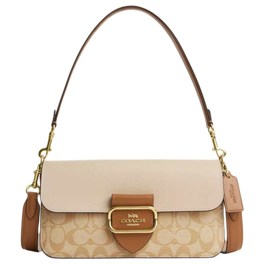 COACH Morgan Coated Canvas With Calfskin Handbag, Shoulder Bag Large Women's Light Khaki