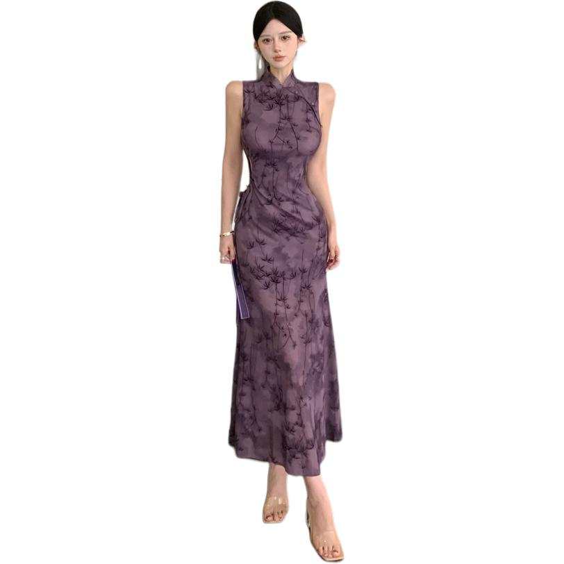 VENICEW Sleeveless Dresses Women's Purple Stand Collar Thin Long