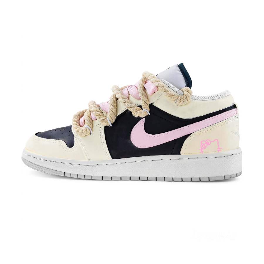 Jordan Jordan Air Jordan 1 Cloud Meowth Leather Low top Children's Basketball Shoes Black Yellow Pink Unisex