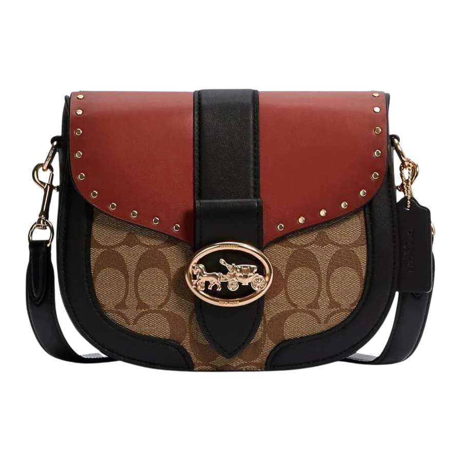 COACH Georgie Leather Saddle Bag, Shoulder Bag, Crossbody Bag Small Women's Black & Red Brown