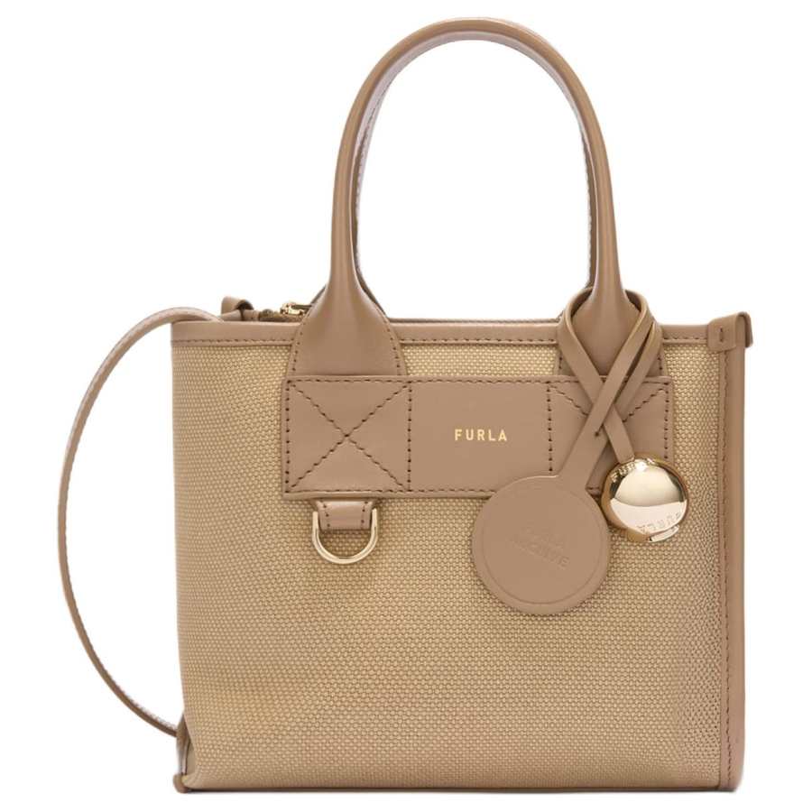 Furla Fabric With Calfskin Handbag Mini Women's Natural Toffee