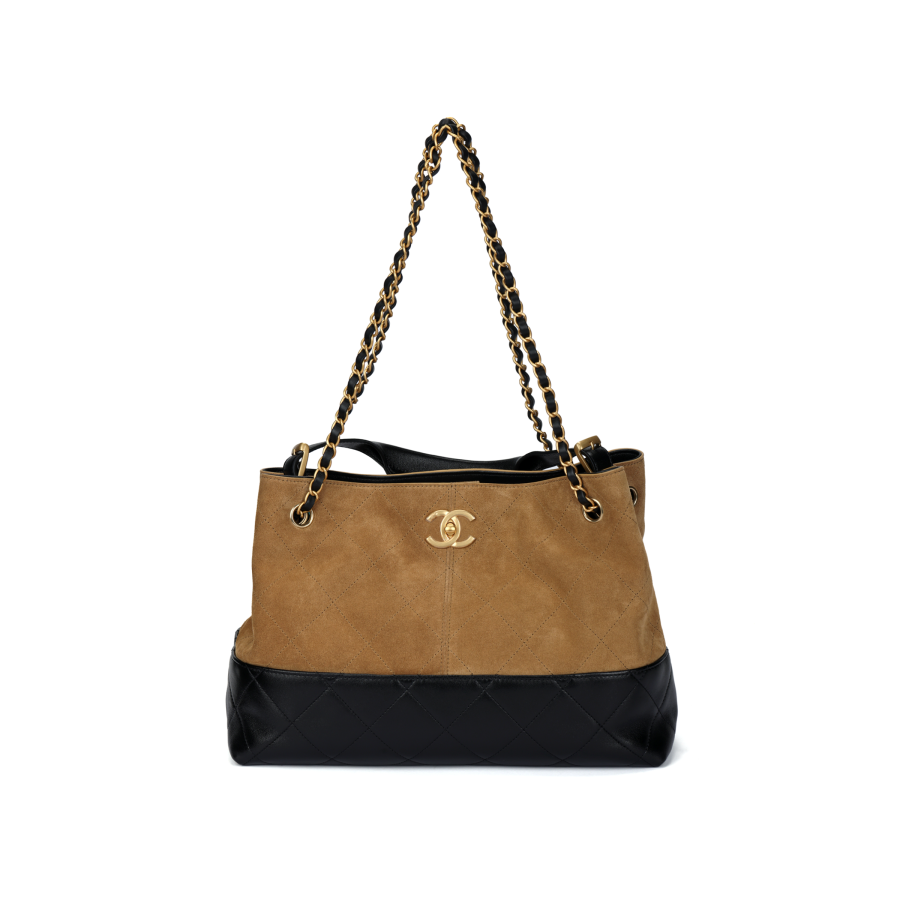 CHANEL Suede Effect With Glossy Lambskin Shopping Bag, Shoulder Bag Small Women's Beige Black