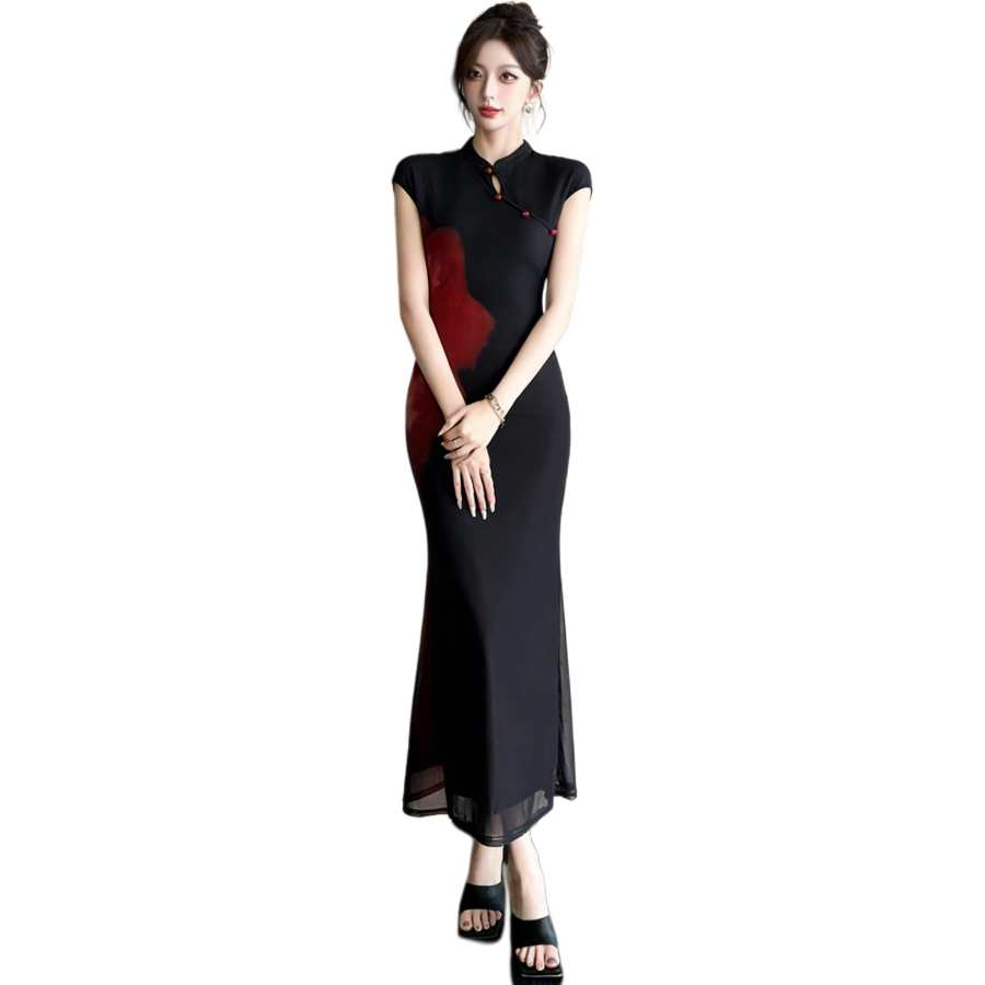 VENICEW Sleeveless Dresses Women's Black Stand Collar Thin Long