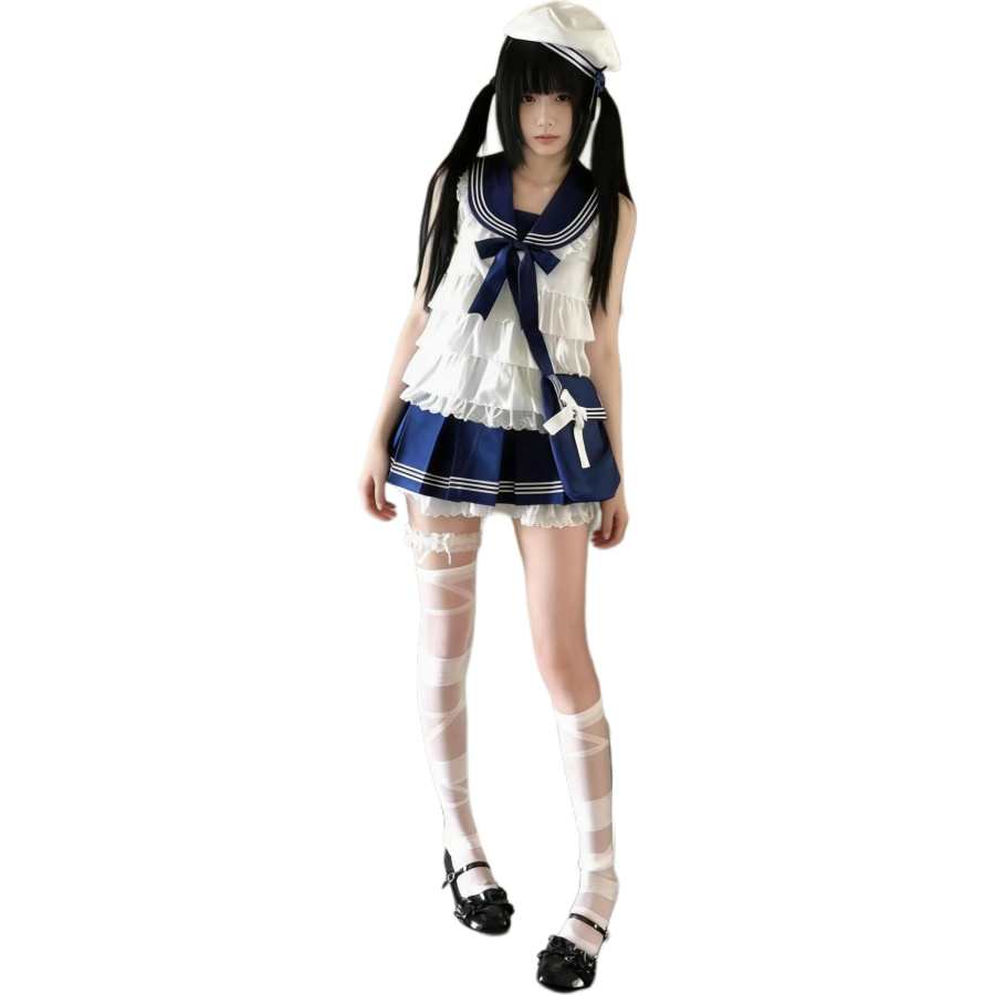 Cotton Gene Two Piece Skirt Sets Women's Navy Collar Thin Short